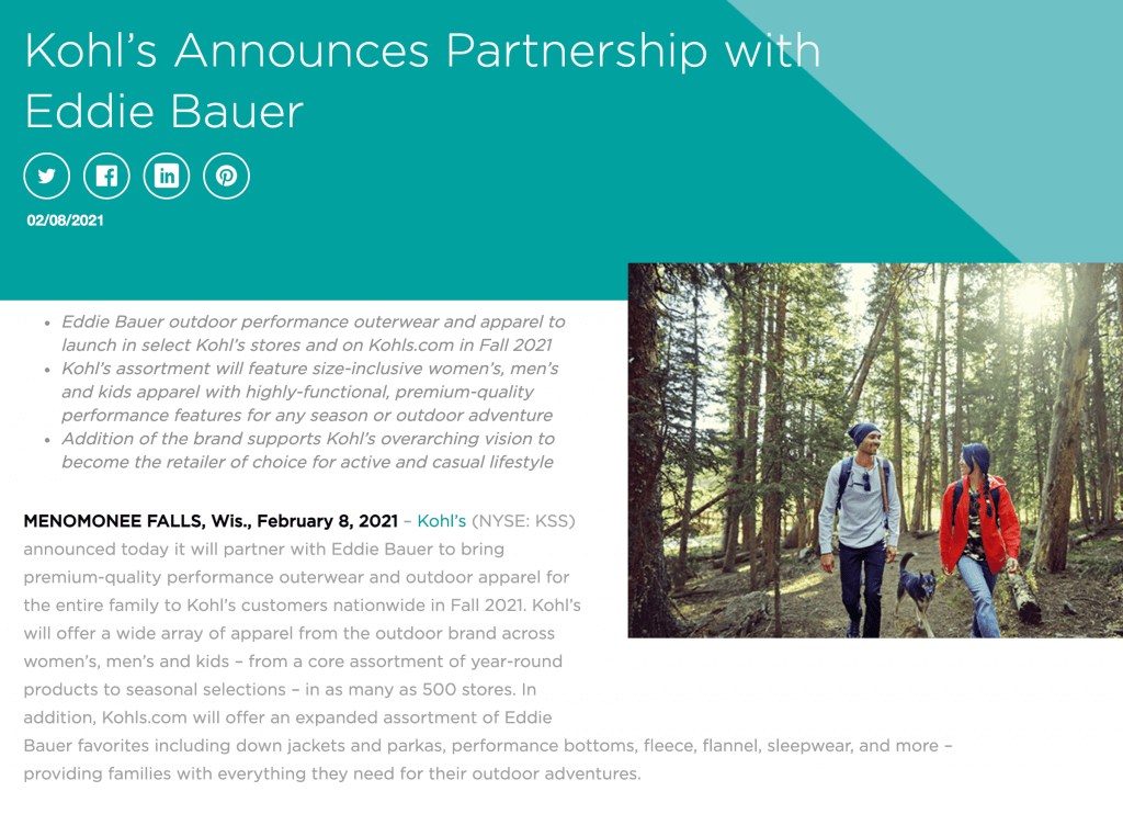 Kohls and Eddie Bauer press release.