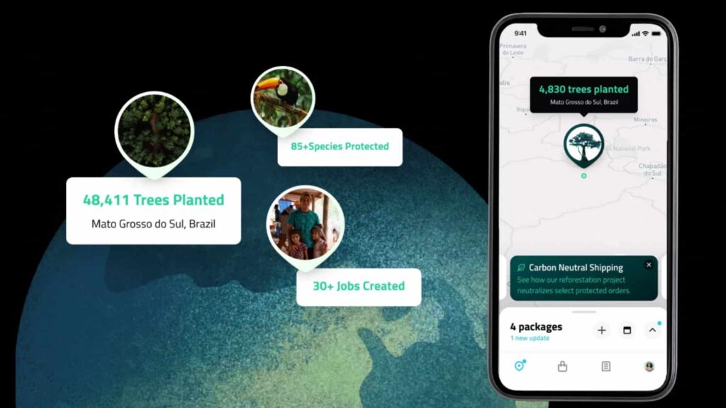Route Green Package Protection stats on planted trees, jobs created, and species protected.