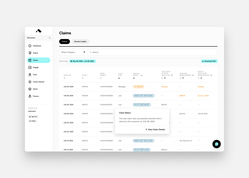 Route Claims Tab in Dashboard