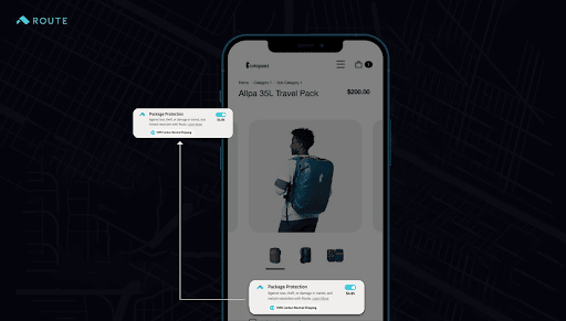 Mobile devices demonstrating customer post-purchase experience with Route Green Package Protection widget